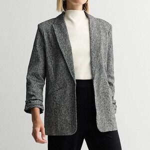 Nine West Womens 1X Herringbone Open Front Blazer Black White 3/4 Ruched Sleeve